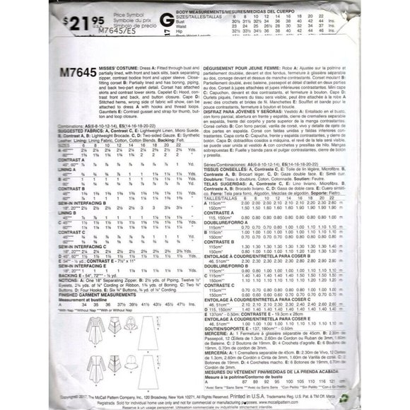 McCalls M7645 Misses Costume 14 to 22 Assassin Cosplay Uncut Sewing Pattern - Picture 2 of 2